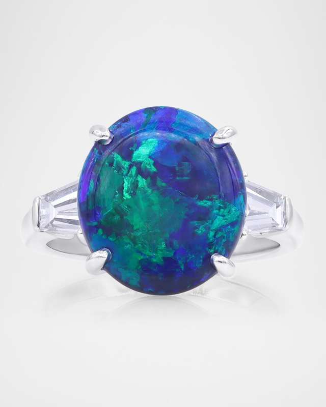 Platinum Diamond and Blue-Green Opal Statement Ring, Size 6.5